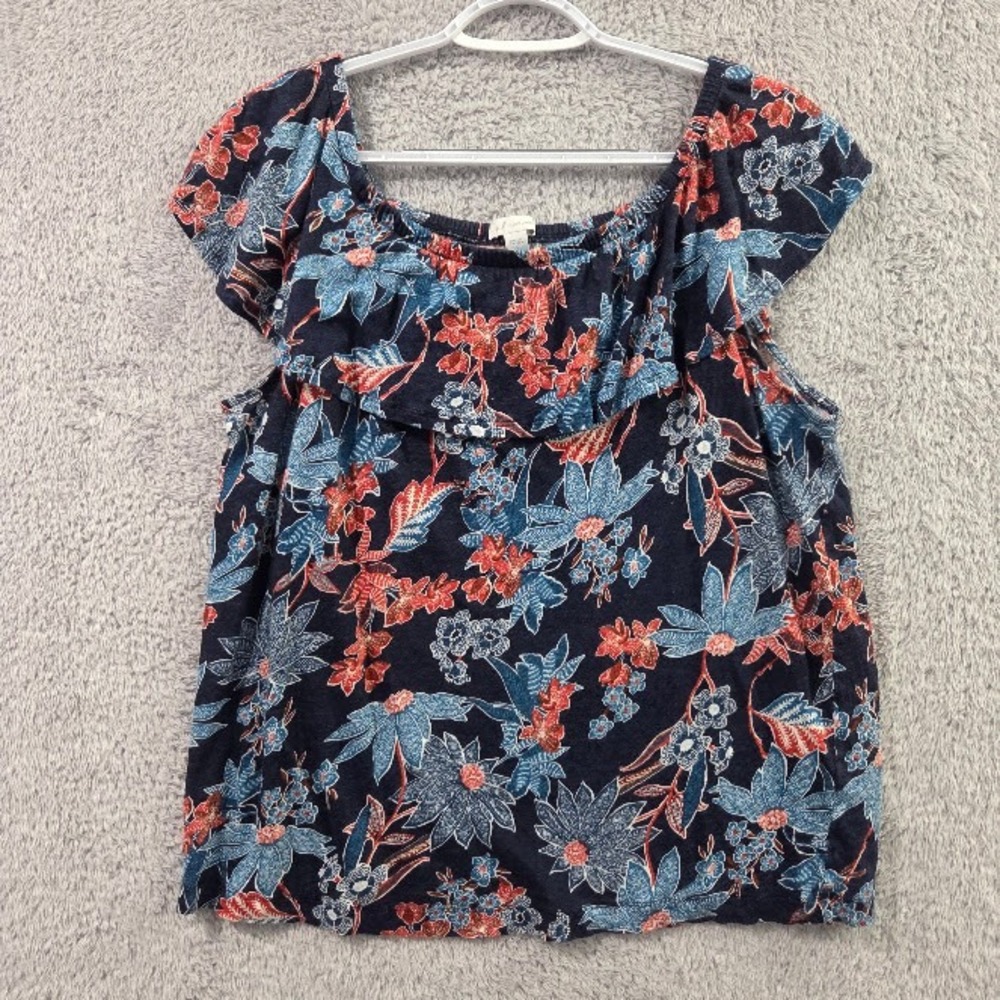 J. Jill Floral Linen Top Women's LP Large Blue Ruffle Neck Short Sleeve Blouse